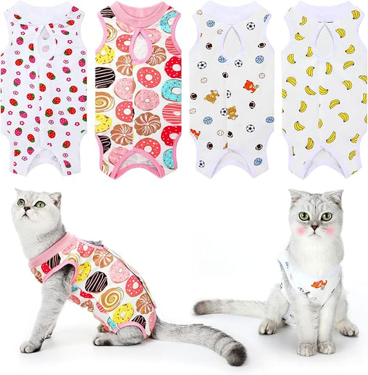 4 Pieces Cat Recovery Suits Body Wraps Breathable Kittens Recovery Clothes for Cats Small Dogs Abdominal Weaning(Banana, Football, Strawberry, Donut,XL)
