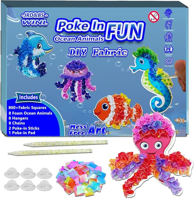 mom&myaboys Mess-Free Poke Art for Kids Ages 4-8 - Ocean Animals Craft Kit (8 Sea Creatures: Jellyfish, Dolphin, Turtle & More) | Beginner Sewing Toys for Toddlers | Creative Gift for Girls and Boys