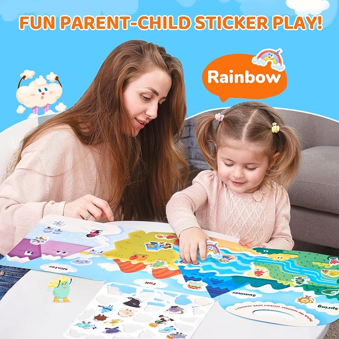 JoyCat Reusable Weather Theme Sticker Book, Travel Toys for Toddlers & Kids | Washable stickers make a kids' activity book for car, airplane and road trips; educational birthday gifts for boys and girls.
