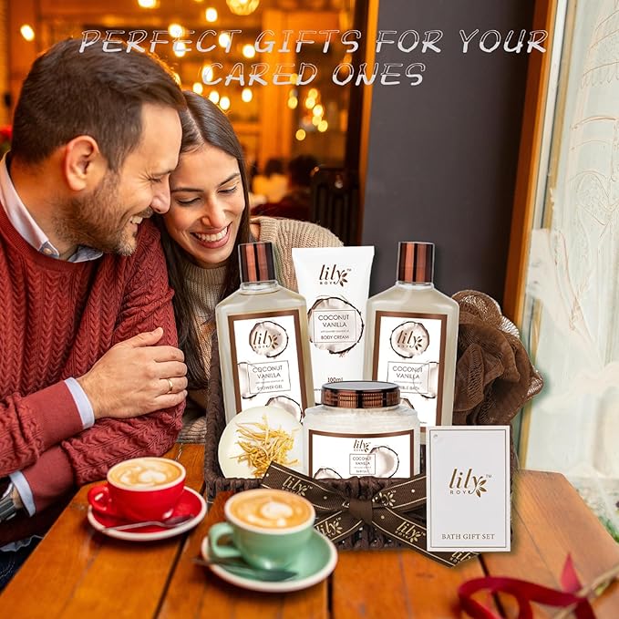 Christmas Gifts Bath and Body Gift Basket Set for Women & Men - 7Pcs Coconut Vanilla Spa Gift Basket Set for Women, Gift Set | Perfect Valentine's, Birthday, Mothers Day for Mom, Gift for All Occasion