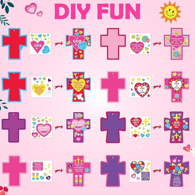 BeYumi Valentine Cross Craft Kit - 123Pcs Valentine's Day Cross Craft Kit DIY Christian Religious Hanging Ornament Make Your Own Sunday School Decoration Home Classroom Party Art Supplies for Kids