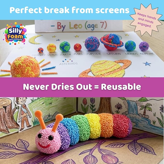 Silly Foam, Creative Modeling Foam Beads, 1-Pack of 6 Primary Colors, Easy Clean Up, Perfect for Preschool and Kids, Arts & Crafts, Sensory Play, STEM, Travel Toy, Holiday Gifts, Non-Toxic (Age 3+)