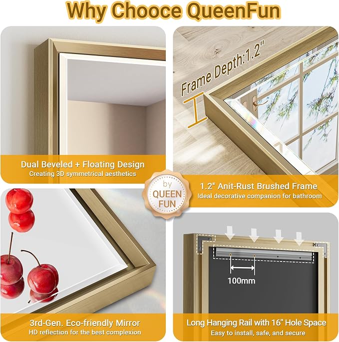 Brushed Gold Bathroom Mirror, Anti-Rust Gold Framed Rectangle Wall Mirror