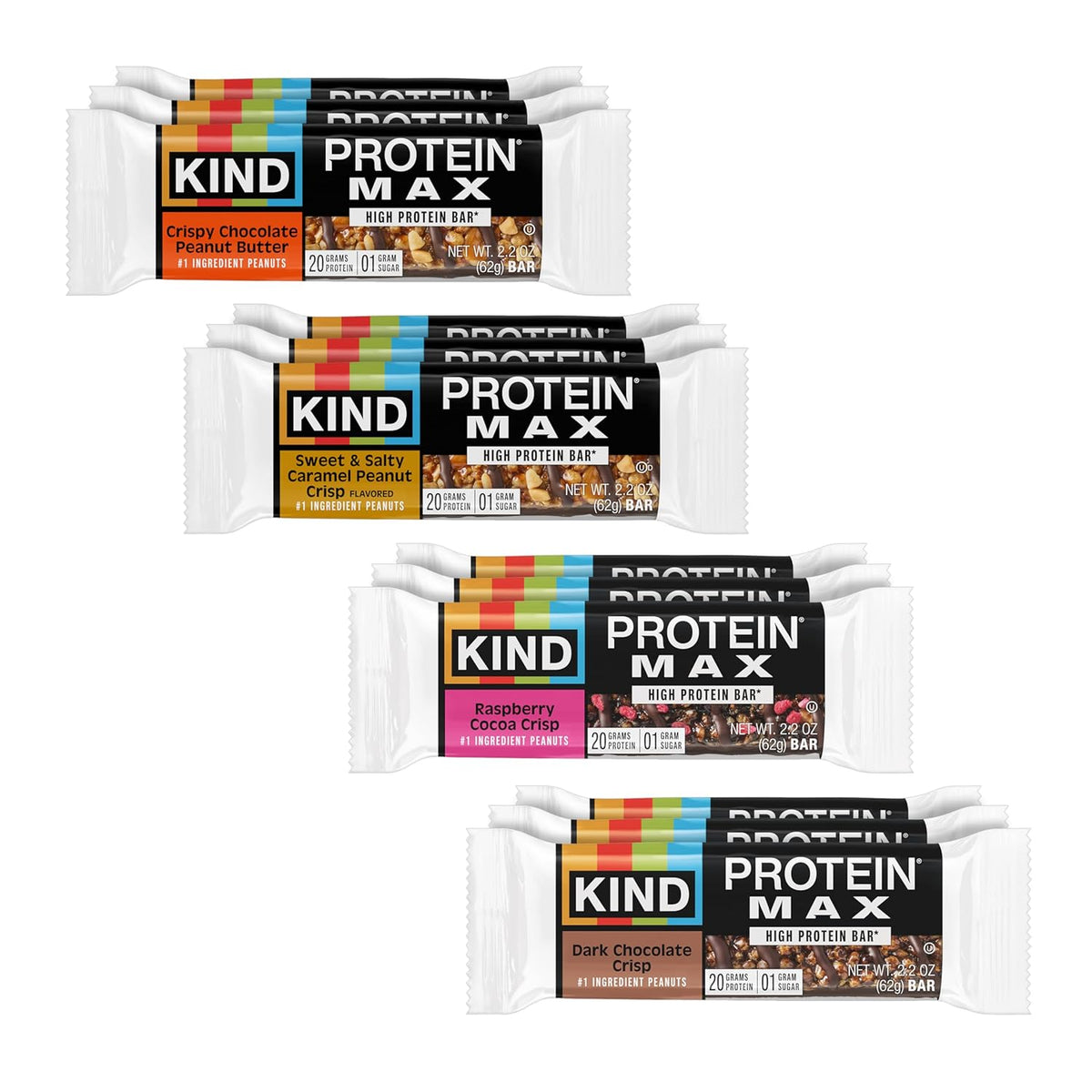 KIND Protein MAX Bars Variety Pack, Gluten Free, Low Sugar, High Fiber Snacks, Crispy Chocolate Peanut Butter, Sweet & Salty Caramel Peanut, Raspberry Cocoa, Dark Chocolate, 20g Protein, 12 Count