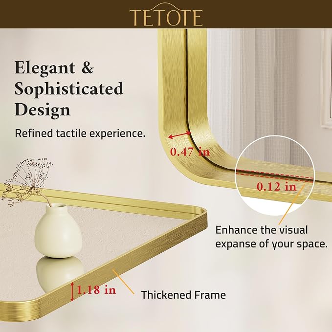 TETOTE 60 x 40 Inch Brushed Gold Frame Mirror, Brass Bathroom Vanity Mirror