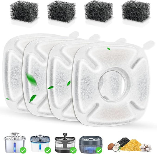 8 Pack Cat Water Fountain Replacement Filter, 4 Pcs Cat Fountain Filters & 4 Pcs Pre-Filter Sponges for 95oz/2.8L 135oz/4L 67oz/2L Automatic Pet Cats Dog Water Fountain Dispenser Filters
