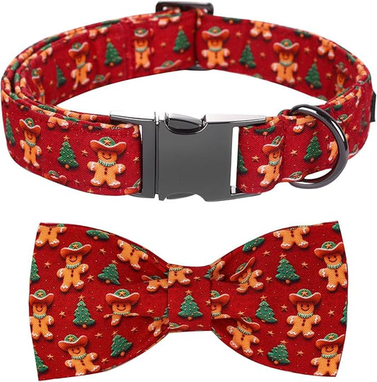 Christmas Dog Collar, Soft Pet Collar Gingerbread Man Cute Dog Collar with Bow Red Christmas Tree Adjustable Sturdy Collars Winter Holiday Collars for Small Girl Boy Dogs