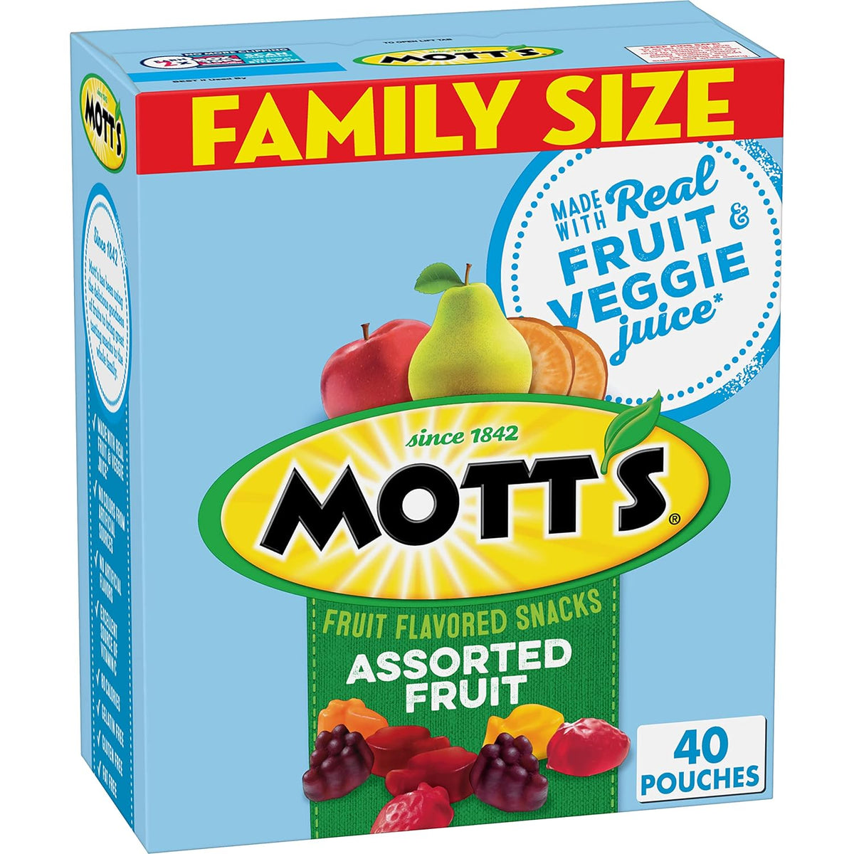 Mott's Assorted Fruit Snacks Family Pack, Gluten Free Gummies, Made with Fruit & Veggie Juice, Good Source of Vitamin C, Gelatin Free, 40 Count Individual Pouches, 32 oz