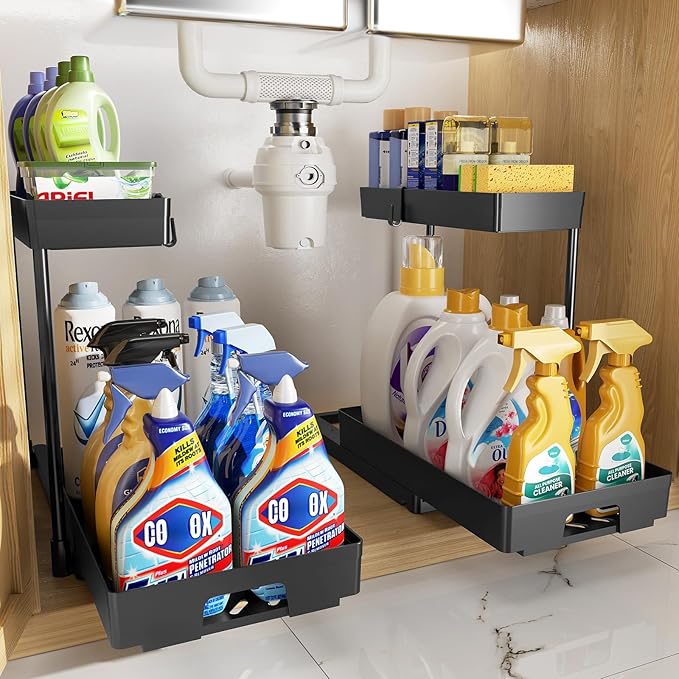 Delamu 2 Pack Under Sink Organizers and Storage, 2 Tier Pull Out Bathroom Cabinet Organizer, L-Shape Black Under Bathroom Kitchen Sink Organizer with Drawer for Under Sink Storage Organizer