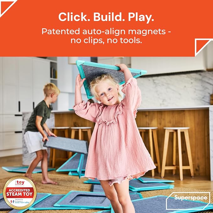 Superspace Giant Magnetic Fort Building Panels - The Little Set, Turquoise, 16 Panels, Life-Size Magnetic Tiles for Kids, Build Forts Castles Nooks, Eco-Felt STEM Toy Ages 3+, Indoor & Outdoor