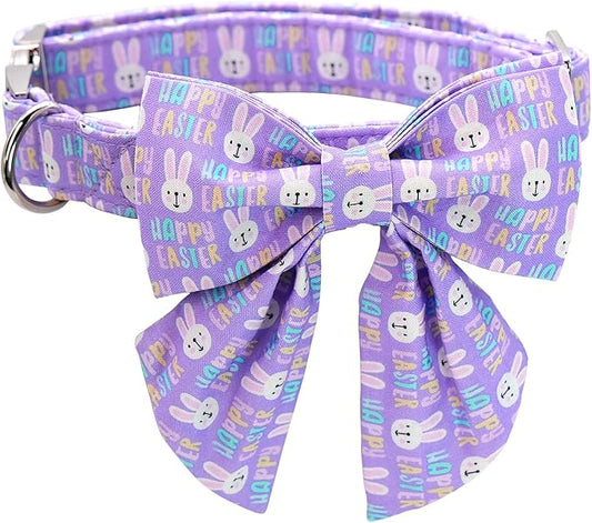MR. CHUBBYFACE Easter Dog Collar, Purple Rabbit Puppy Collar with Flower, Adjustable Pet Collar Bowtie for Small Medium Large Dogs