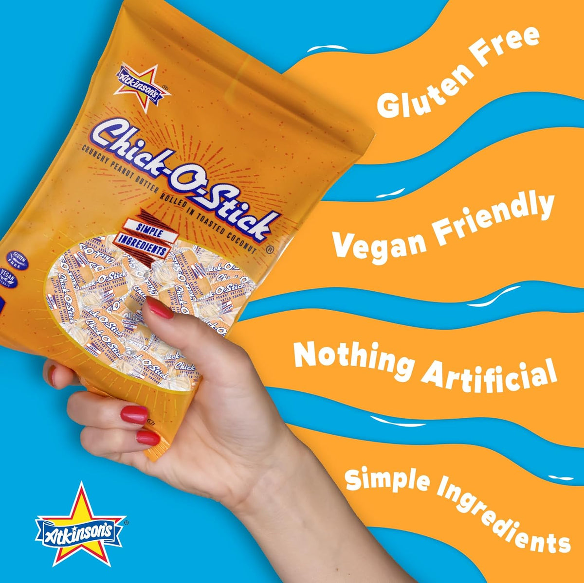Atkinson's Chick-O-Stick - Crunchy Peanut Butter Rolled in Toasted Coconut - Gluten Free, Kosher, Vegan, No Artificial Ingredients - 0.7 oz. Candy Bar - 8 Count