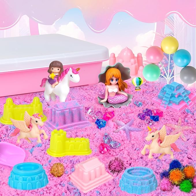 Sensory Bins, 48Pcs Unicorn Sandbox with Cover Play Sand Art Kits | Toddlers Sensory Sand Box Toys with Magic Sand, Unicorns, Mermaid, Cleaning Tools, Birthday Gifts for Kids Age 3 4 5 6 7 8