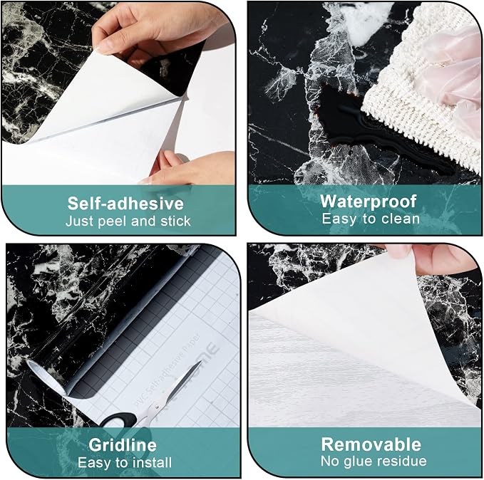 Arthome Black Marble Contact Paper, Peel and Stick Black Silver Paper, Self