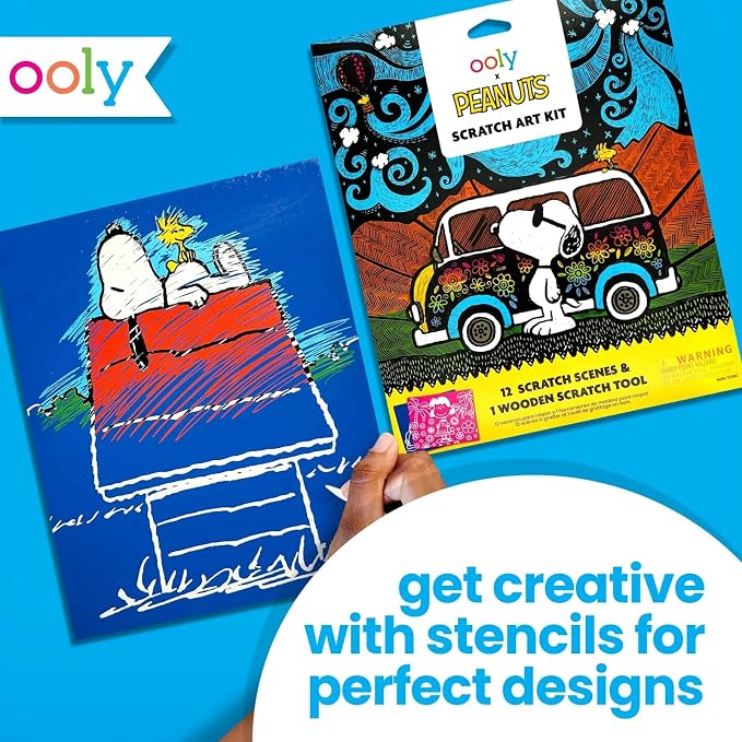 Ooly x Peanuts Snoopy Scratch & Scribble Art Kit, 12 Cards, Woodstock | Ages 6+, Wooden Stylus and Stickers Included, Screen-Free Portable Car and Airplane Travel Activity, Gift for Kids