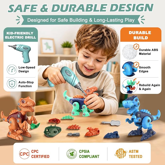 Take-Apart Dinosaur Toys for Boy 4-6: 85 Piece 3 Pack Dino & Electric Drill | Easy-to-Use Construction Building Set for Little Hands - STEM Educational Toy & Gifts for Kids Birthday Christmas