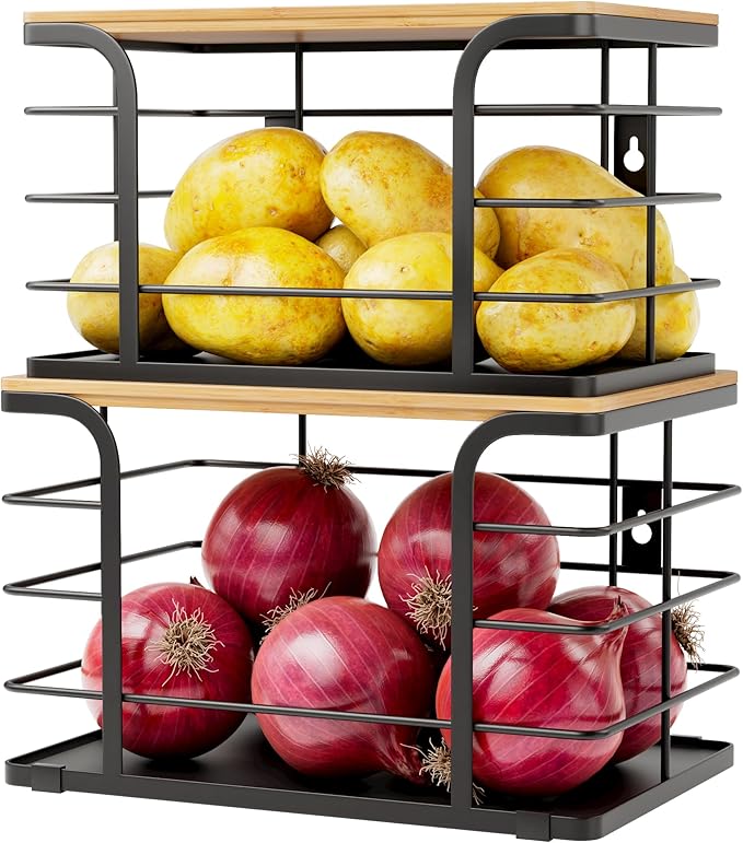Stackable Potato & Onion Bins with Bamboo Top, 2 Pack – Black