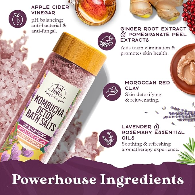 PURPLE CANYON SolSalts Kombucha Detox Bath Salts 10oz - Lavender Rosemary Soak with Apple Cider Vinegar - Detoxifying Spa Experience