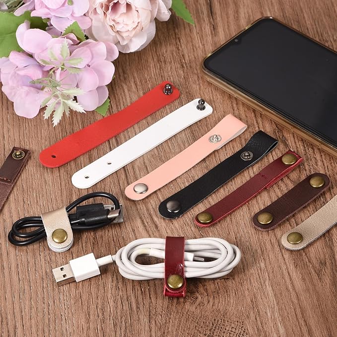 MECCANIXITY Pack of 10 Leather Cable Straps Cord Organizer 90x12mm Portable Cable Leather Clips Golden Earphone Cord Management for Cable, Wire