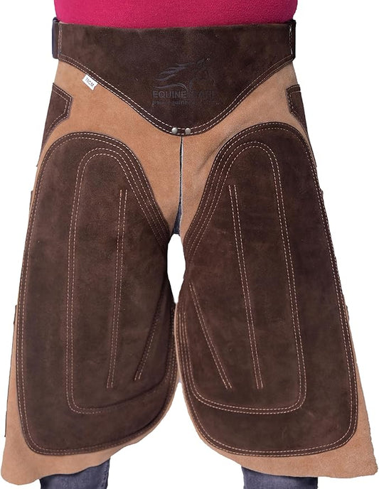 Equine Care Farrier Apron Chaps – Cowhide Suede Leather, Foam Padded Thigh and Back Support, Adjustable Waist, Tool Pockets, Magnetic Nail Holders (25 inches (65 cm))