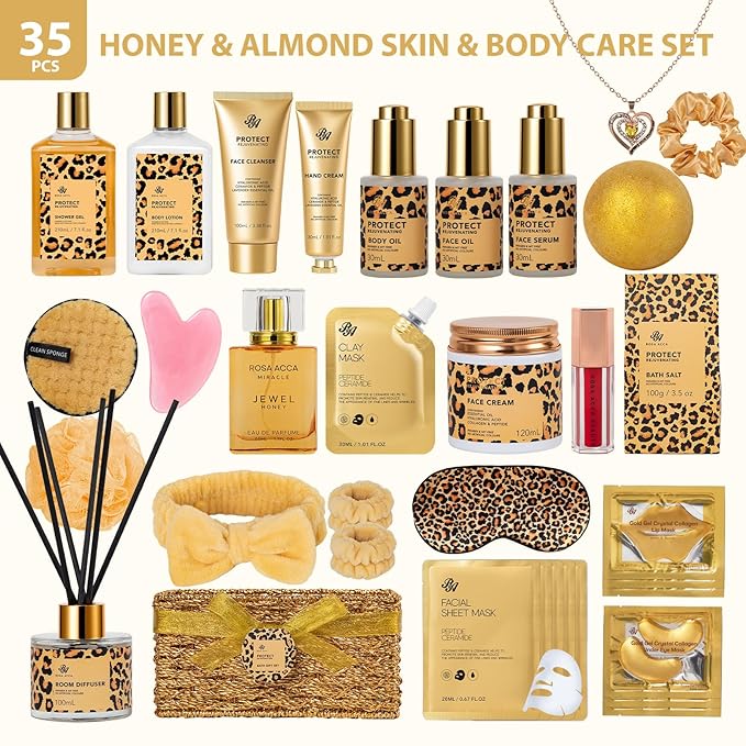 35 Pcs Christmas Gifts For Women, Honey & Almond Bath & Body Gift Basket, Face Skin Care Kit, Home Spa Gift Set, Self-Care Kit, Necklace, Bath Bomb, Birthday, Valentines, Mother Day, Anniversary