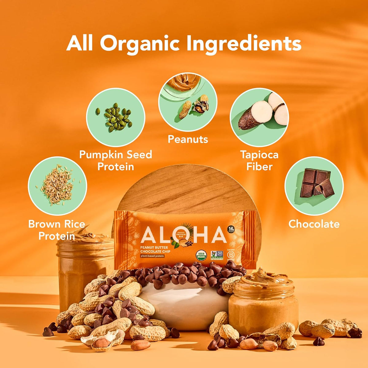 ALOHA Organic peanut butter chocolate chip protein bars, vegan, low sugar, gluten free, paleo, non-gmo, 1.98 oz, pack of 12