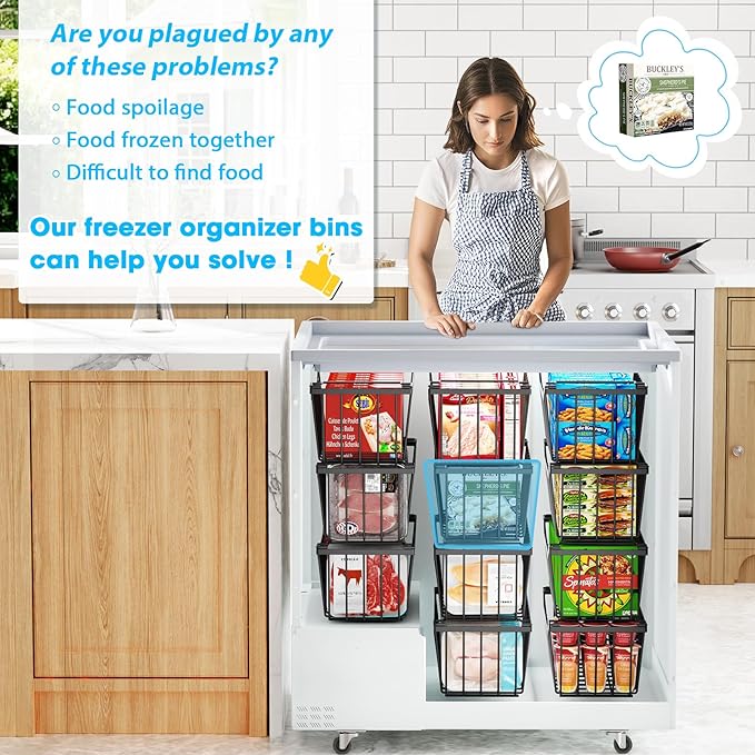 SUNALLY Freezer Organizer Bins, 4 Pack Stackable Chest Freezer Organizer for 5-7 Cu.FT Deep Freezer Sort Frozen Meats and Food, Freezer Storage Baskets with Handles Easy Reach from Bottom, Black