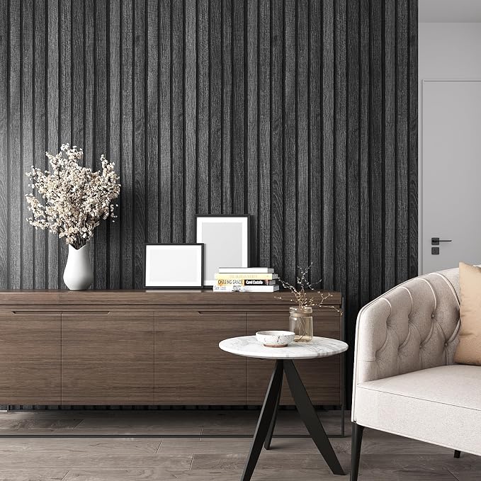 VEELIKE Charcoal Black Wood Slat Peel and Stick Wallpaper 24''x118'' Modern