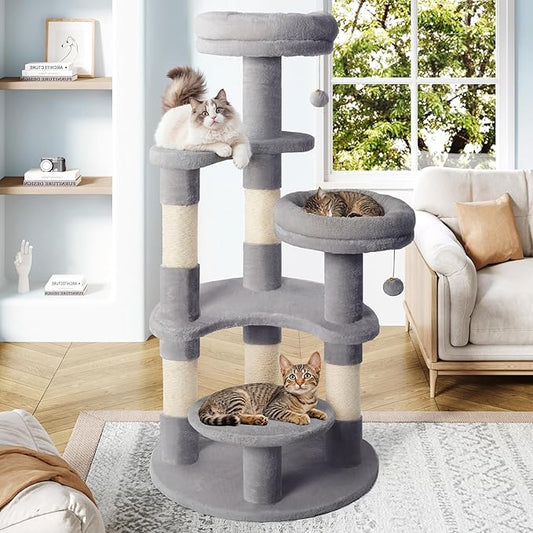 Allewie 55.5 in Cat Tree for Indoor Kitties/Soft Plush Perches/Multi-Level Cat Tower/Sisal Scratching Posts/Crescent Plates/Round Jumping Board/Hanging Ball/Pet Activity Center/Grey