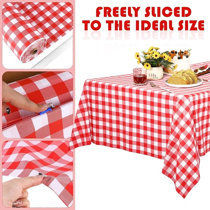 Kochorie 54 Inch x 300 Ft Red Checkered Plastic Table Cloth Roll Disposable