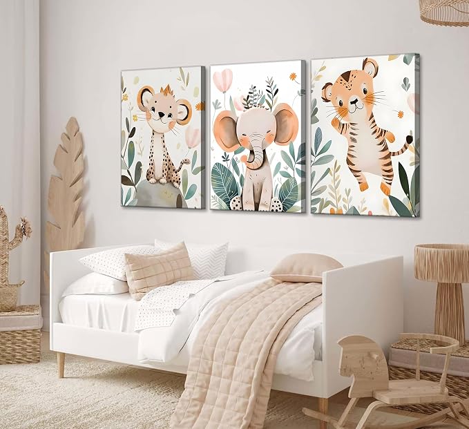 3 Pcs Safari Animals Nursery Canvas Wall Art Jungle Animals Cheetah Elephant