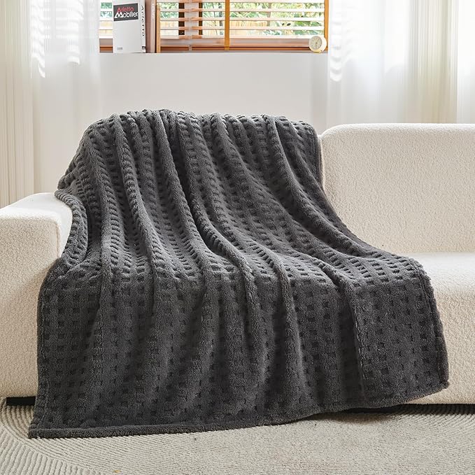 NEWCOSPLAY Super Soft Throw Blanket Grey Premium Silky Flannel Fleece 3D Waffle Checkered Lightweight Bed Blanket All Season Use (Dark Grey, Throw(50"x70"))