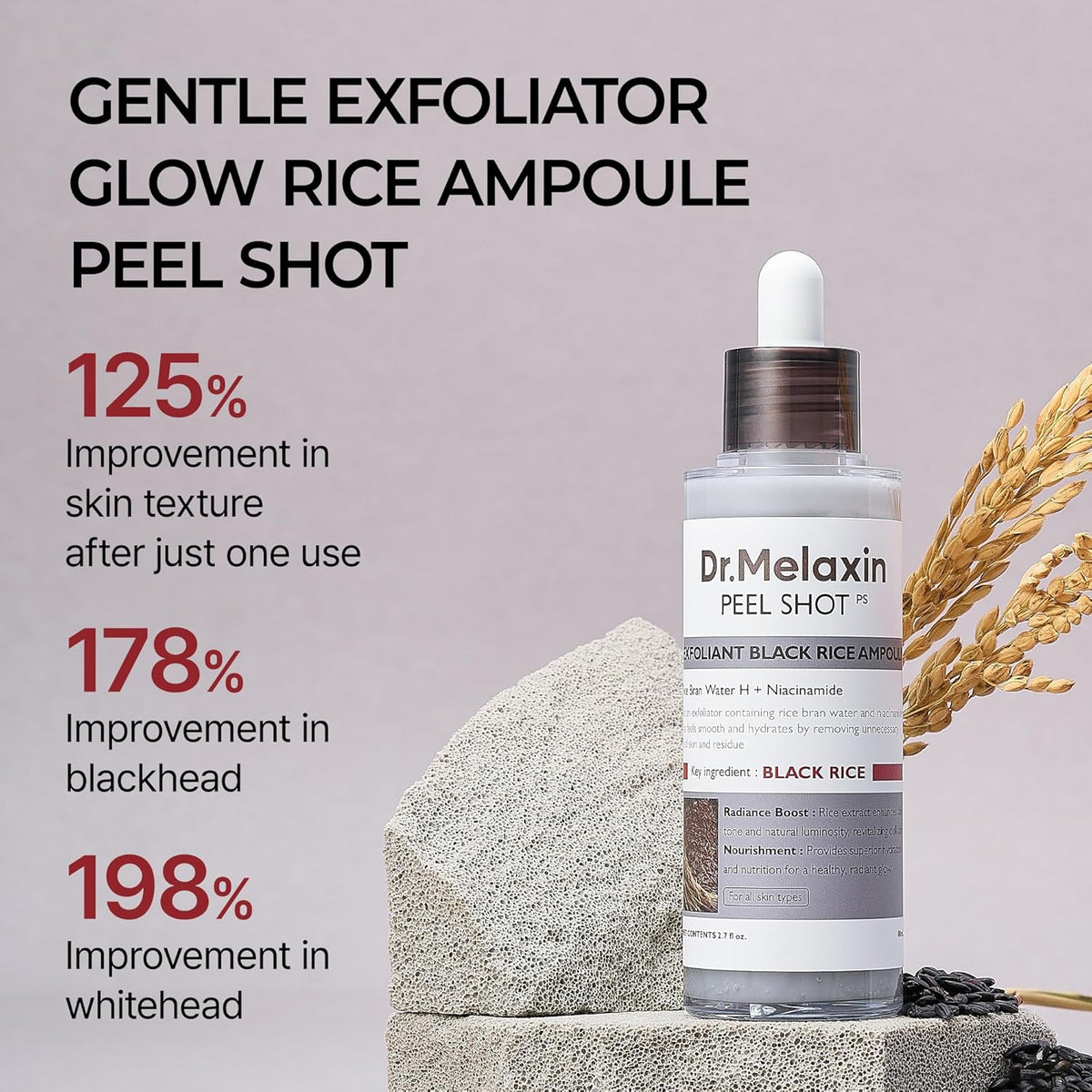 Dr.Melaxin Peel Shot Glow Black Rice Peeling Ampoule 80ml, Dead Skin Remover Gentle Exfoliating with Rice Water Extract, AHA BHA, Niacinamide, Daily Skin Texture, All Skin Types, Korean Skincare