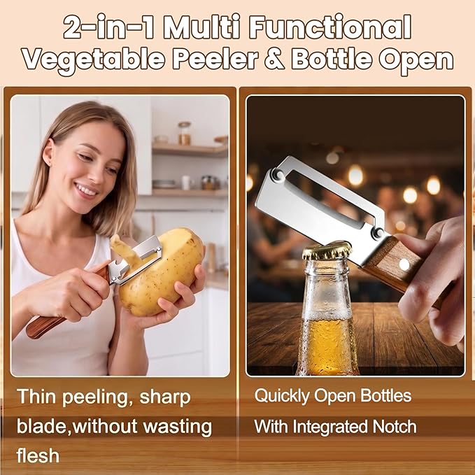2-in-1 Multifunctional Vegetable Peeler & Bottle Opener with Wooden Handle for Kitchen – Stainless Steel Hand Held Peeler for Fruit Pumpkin Papaya Potato Peeler – Kitchen Cooking Tool 2 Pcs