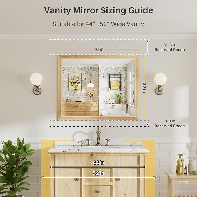 40x32 Inch Bathroom Mirror for Wall, Anti-Rust Oak Wood Grain Metal Framed