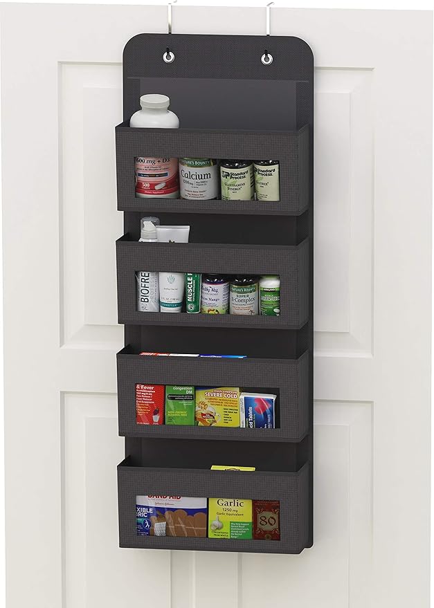 Simple Houseware 4 Clear Window Pocket Over Closet Door Storage Hanging Organizer for Bedroom, Bathroom, Pantry, Dark Grey