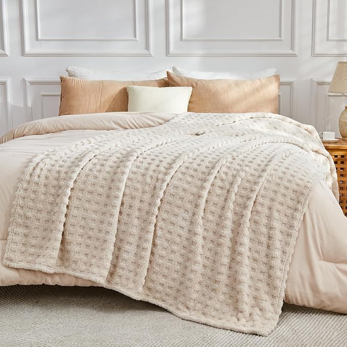 NEWCOSPLAY Super Soft Throw Blanket Linen Premium Silky Flannel Fleece 3D Waffle Checkered Lightweight Bed Blanket All Season Use (Linen, Throw(50"x70"))