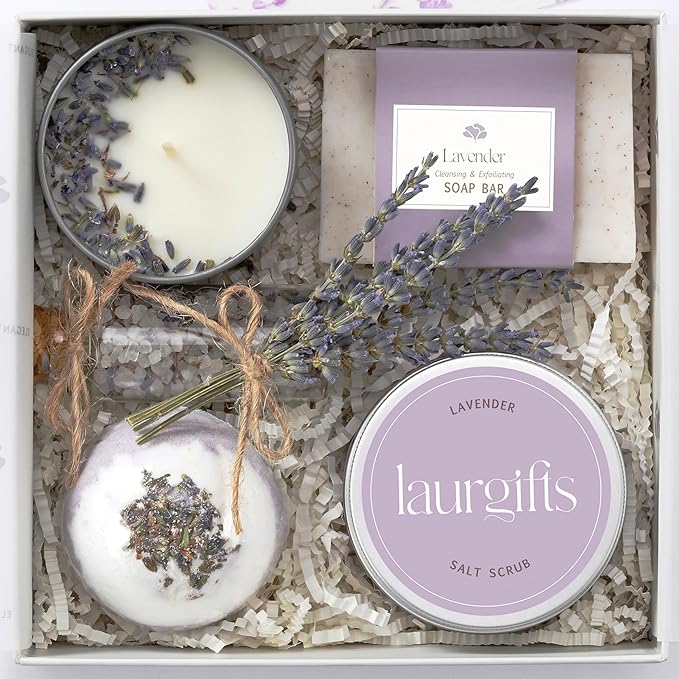 Lavender Small Spa Gift Box for Women – Relaxing Self Care Set with Candle, Bath Bomb, Soap & Scrub – Birthday, Thank You, Christmas, Housewarming, Bridal Shower, Get Well Soon Gift Basket for Her