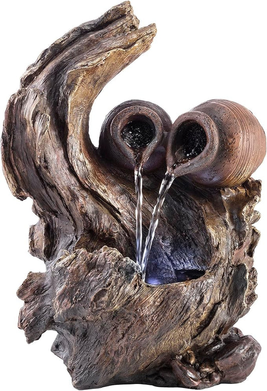 Alpine Corporation 14" Tall Indoor Tabletop Two Jars on a Tree Branch Fountain with LED Lights