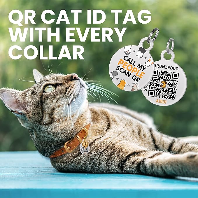 BRONZEDOG Leather Cat Collar with Removable Bells Non Breakaway Kitten QR Tag for Girl Boy (9" - 12" Cats/Mini Dogs, Purple & Gold)