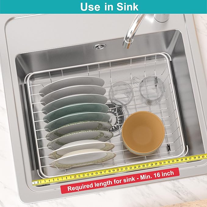 iPEGTOP Expandable Multifunctional Dish Drying Rack, Over The Sink, in Sink Or On Counter Dish Drainer Basket Organizer Shelf with Removable Grey Utensil Silverware Holder, Rustproof Stainless Steel