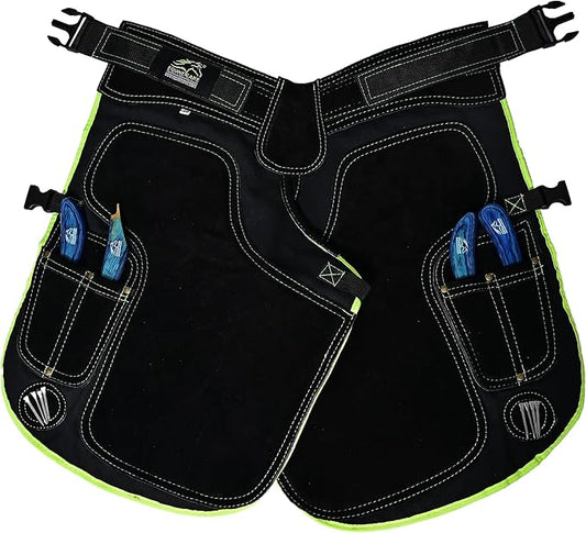 Equine Care Women’s Farrier Apron Chaps 23″ – Leather & Canvas, Adjustable 28–52″ Waist, EVA Padded Knees, Lumbar Support, 4 Knife Pockets & Nail Magnets for Hoof Trimming (Black with Green Piping)