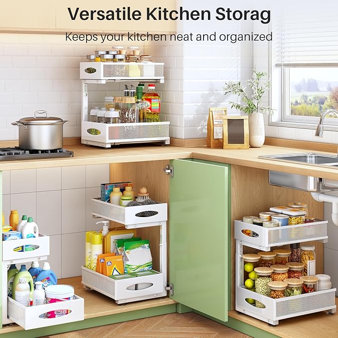 Under Sink Organizer, 2 Pack 2 Tier Pull out Cabinet Organizer Baskets with Mesh Sliding Drawers, Slide out Sink Storage Shelves for Kitchen, Bathroom, Pantry, Cabinet Organizers and Storage(White)