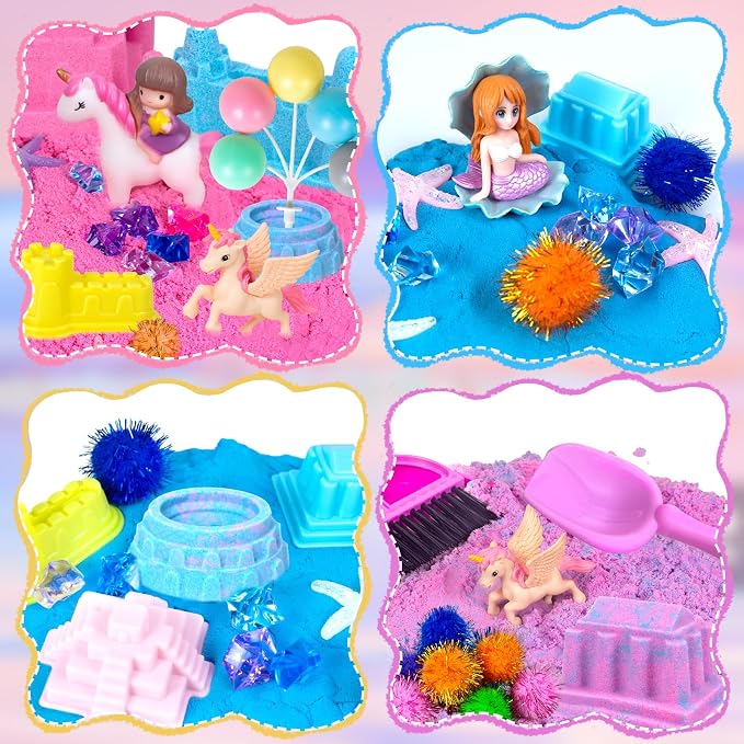 Sensory Bins, 48Pcs Unicorn Sandbox with Cover Play Sand Art Kits | Toddlers Sensory Sand Box Toys with Magic Sand, Unicorns, Mermaid, Cleaning Tools, Birthday Gifts for Kids Age 3 4 5 6 7 8