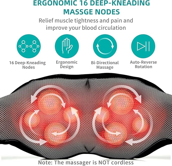Nekteck Shiatsu Neck and Back Massager with Soothing Heat, Electric Deep Tissue 3D Kneading Massage Pillow for Shoulder Leg Full Body Muscle Pain Relief, Car Office and Home Use
