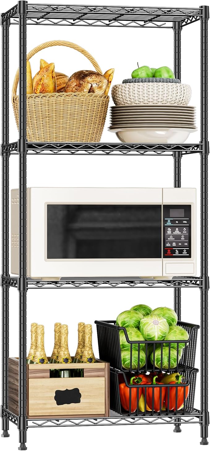 IZEUK | 4-Tier Metal Wire Storage Shelves | 13.7 x 23.6X 53.4 | Black | with Adjustable Racks | Steel Shelf |Holds Up to 1000 lbs |No-Tool Assembly | Ideal for Home & Garage Shelving