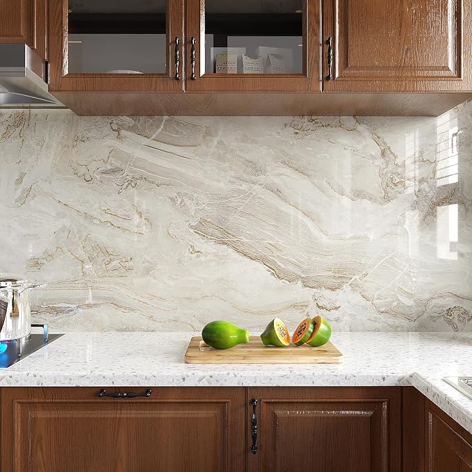 VEELIKE Glossy Beige Gold Liquid Marble Contact Paper