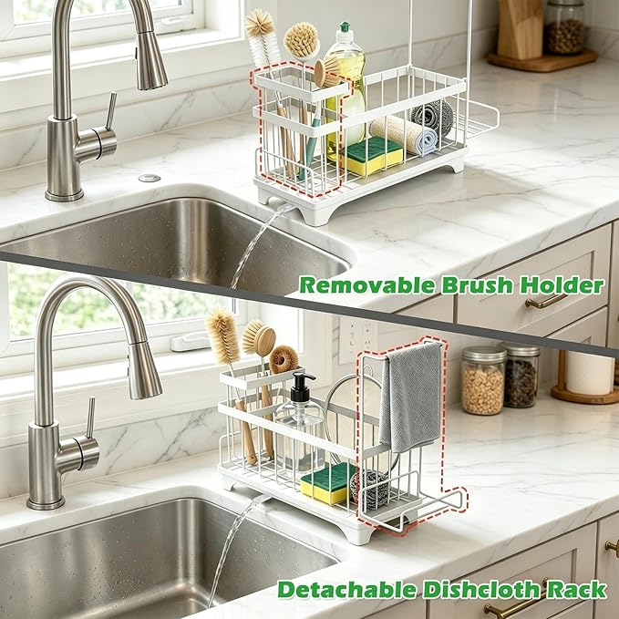 Sponge Holder for Kitchen Sink, Sink Caddy Organizer with Detachable Cloth & Brush Holder, Self-Draining Sponge Caddy Organizer with 360° Rotatable Spout, Kitchen Countertop Storage Accessories(White)