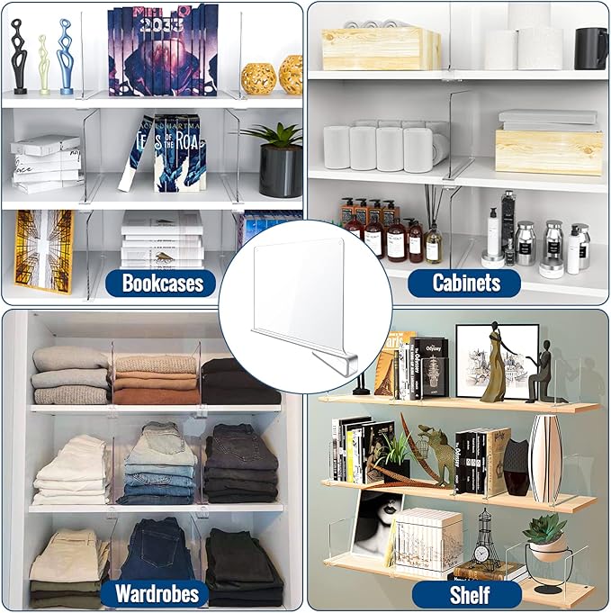 BAUMFEUER 2 Pack Clear Acrylic Shelf Dividers for Closet Shelf Organizer of Bedroom Kitchen Office Bathroom Organizer for Clothes Books and Handbags