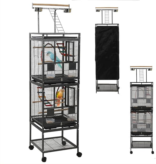 68" Double Bird Cage,Stackable Divided Parakeet Cage, Parrot Cages for Medium Birds with Bird cage Cover,Birdcage Seed Catcher,for Cockatiels Canaries Lovebirds Finches Budgies Small Parrots